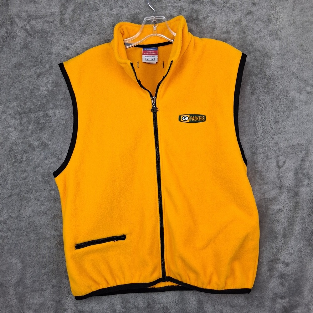 NFL Champion Green Bay Packers Fleece Vest Mens Large Yellow Full Zip Sleeveless